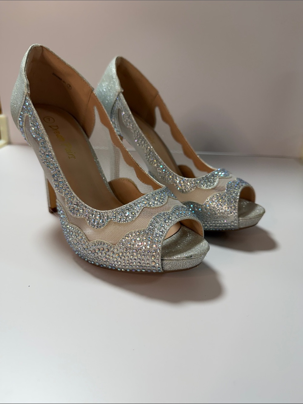 Dream Pairs Silver Crystal Peep-Toe Scalloped Heels